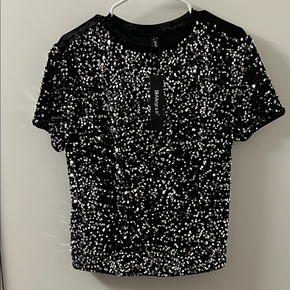 Allegra K Black and Silver Sequin Short Sleeve Top